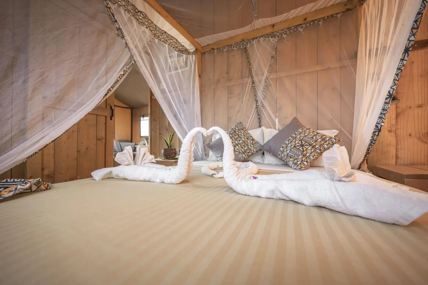 Bed made up with towel swans