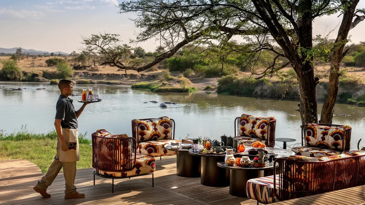 Deck seating above the river