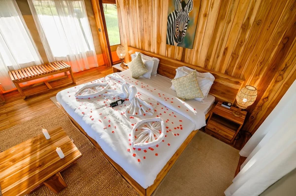 Honeymoon bed dressed with rose petals