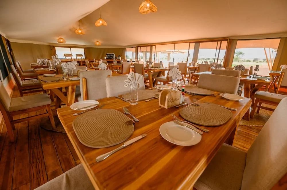 Dining tent set for dinner