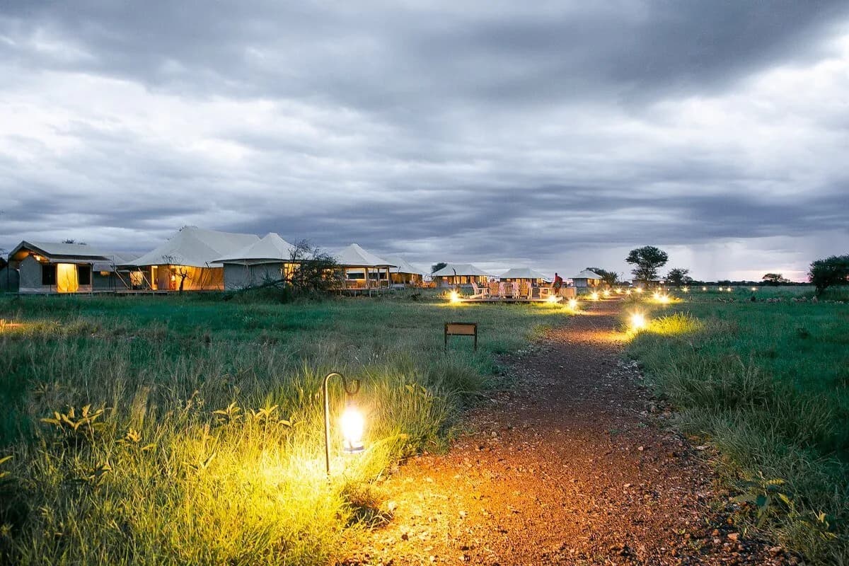 Lantern-lit path through camp