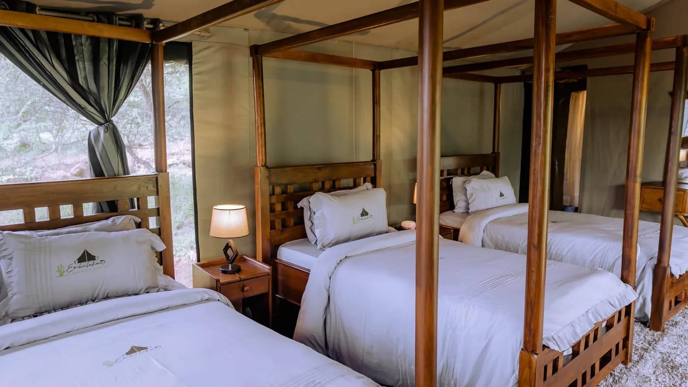 Twin beds under a timber canopy
