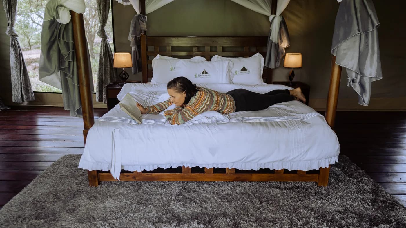 King bed in a guest tent