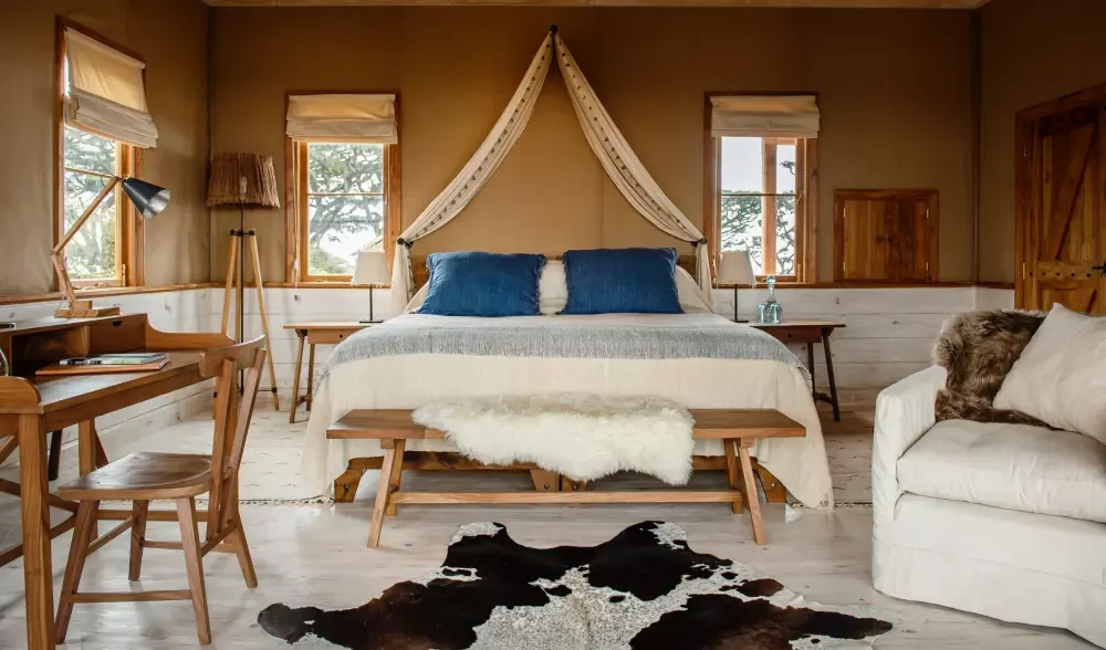Bedroom with blue cushions