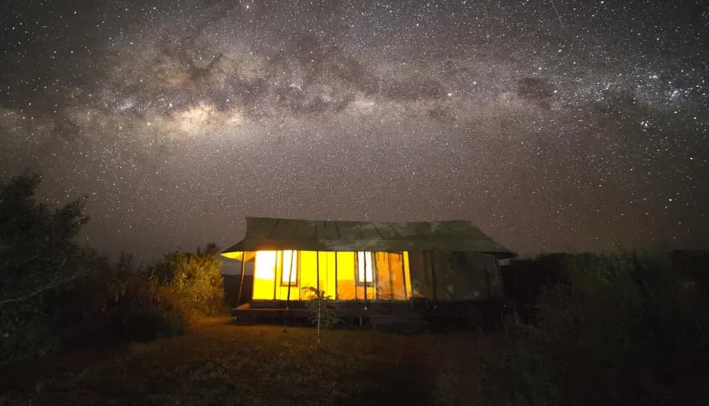 The camp lit under the stars