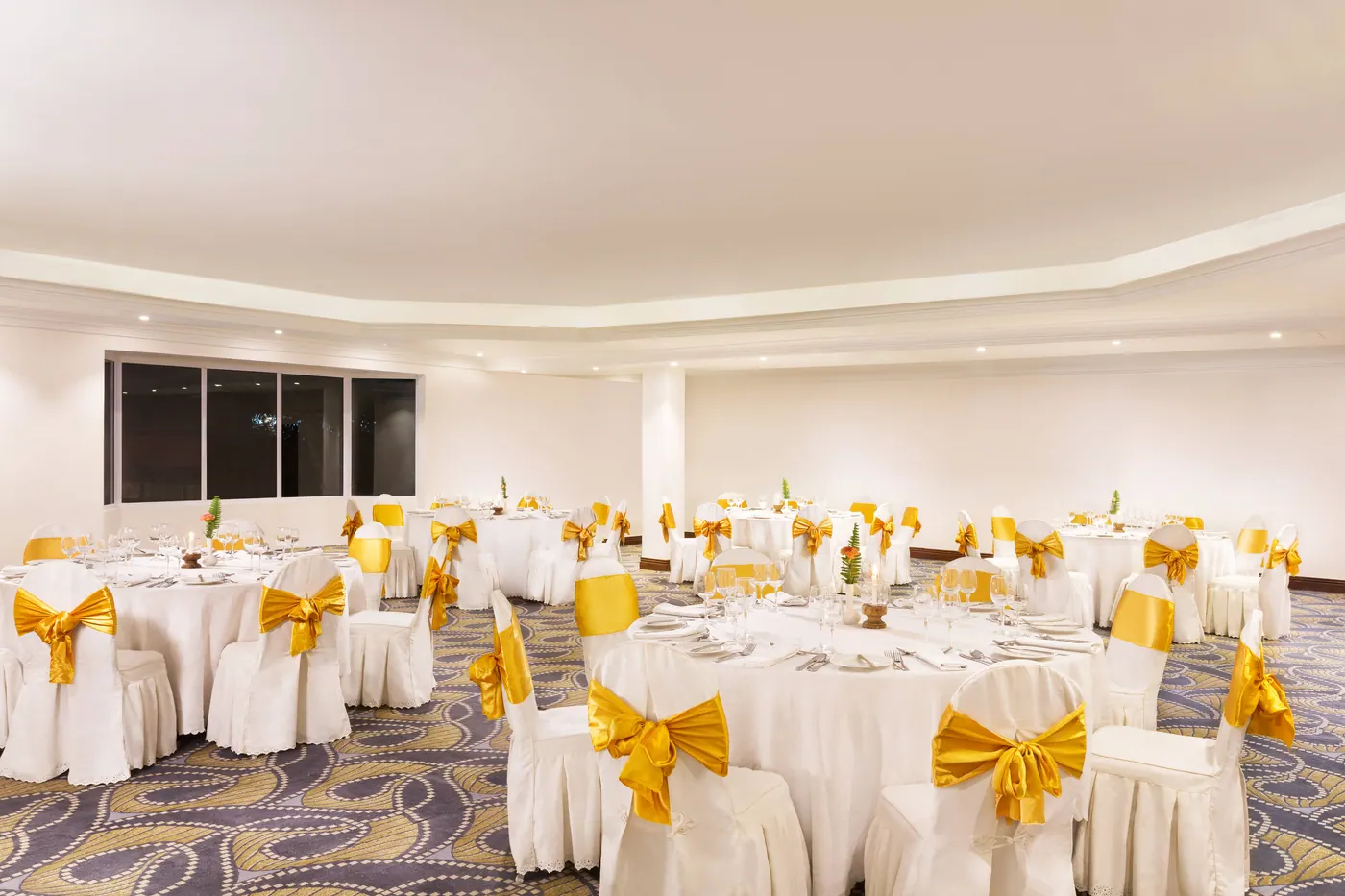 Banquet room laid for an event