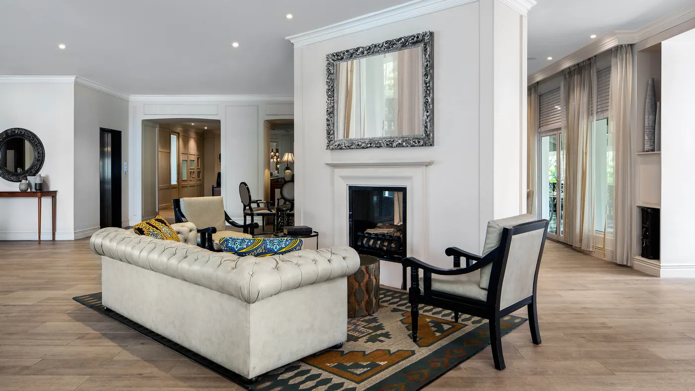 Lounge fireplace and mirror