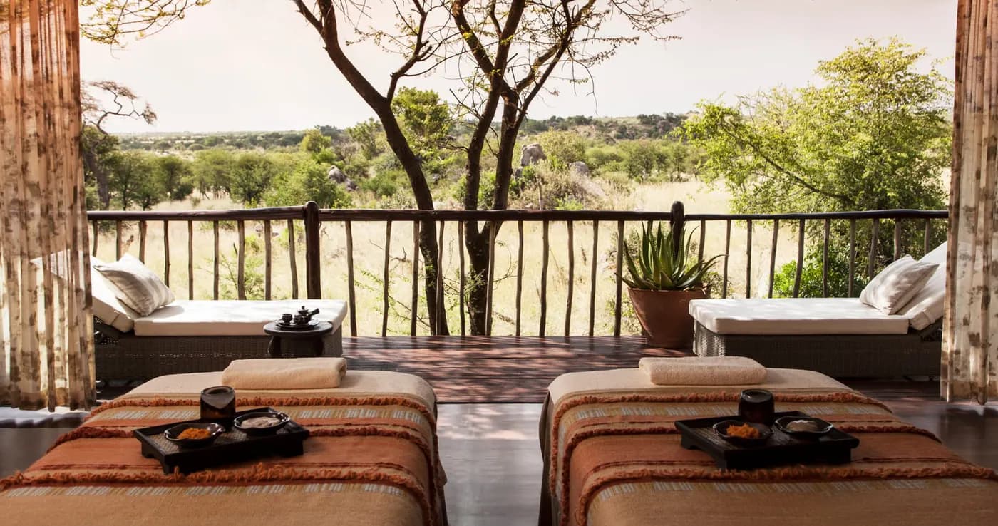 Sun loungers on the deck above the plains