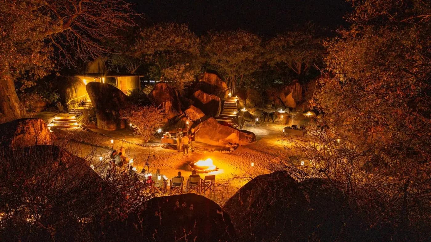 Fire among the rocks at night