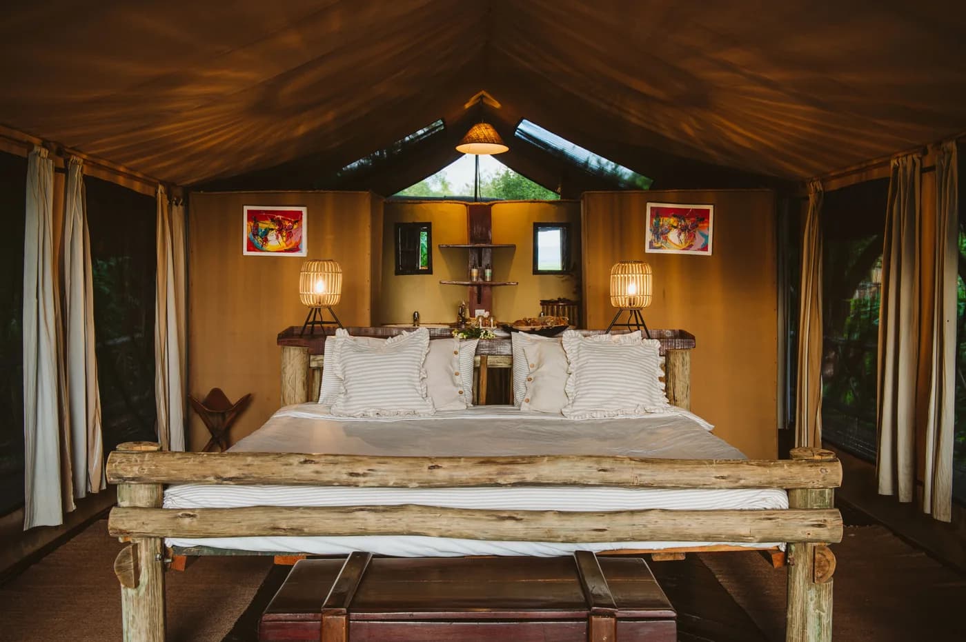 Tent interior lit for the evening