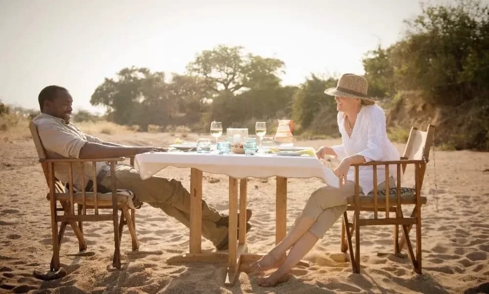 Breakfast laid out in the riverbed