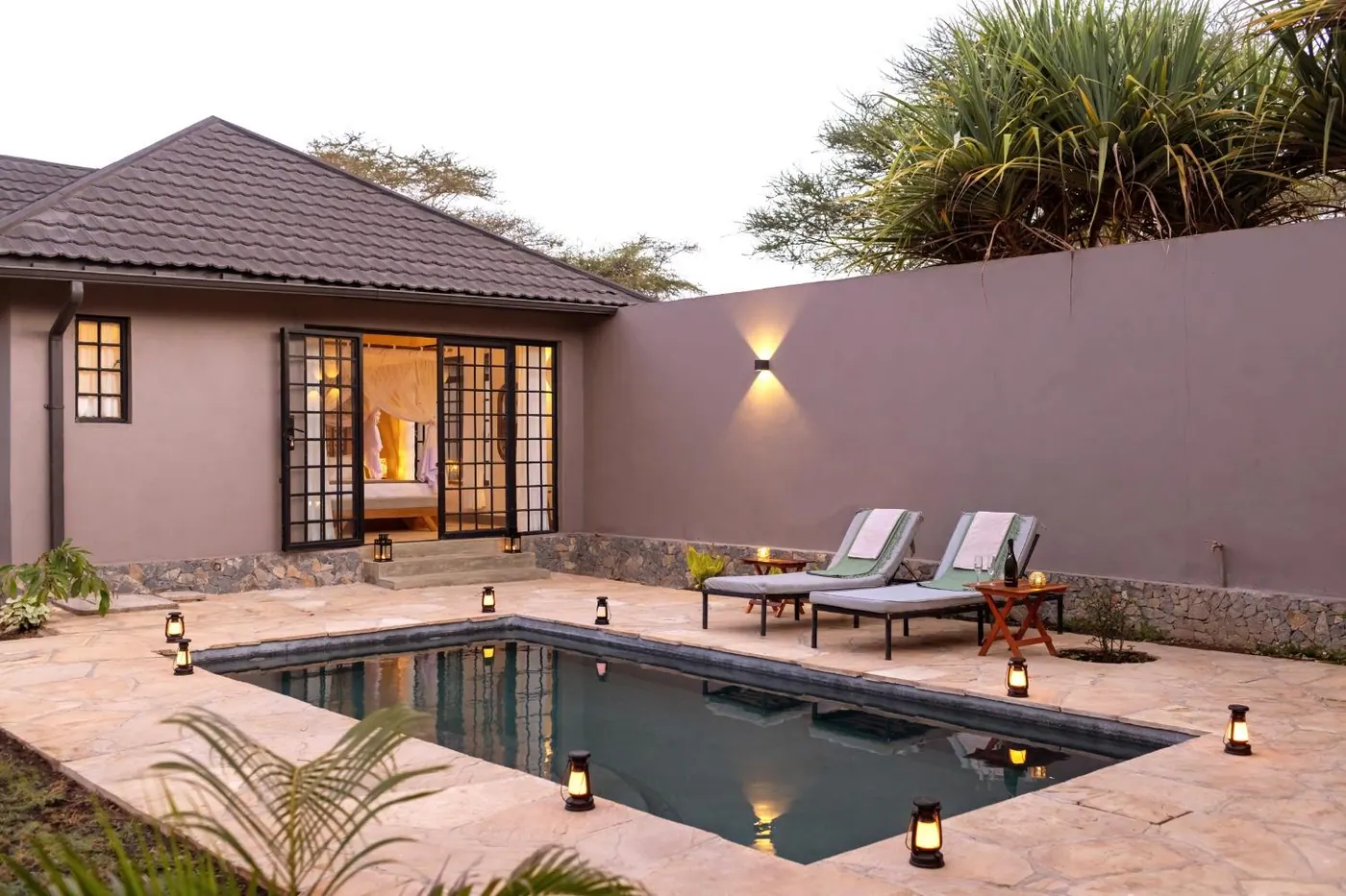 Courtyard pool at dusk