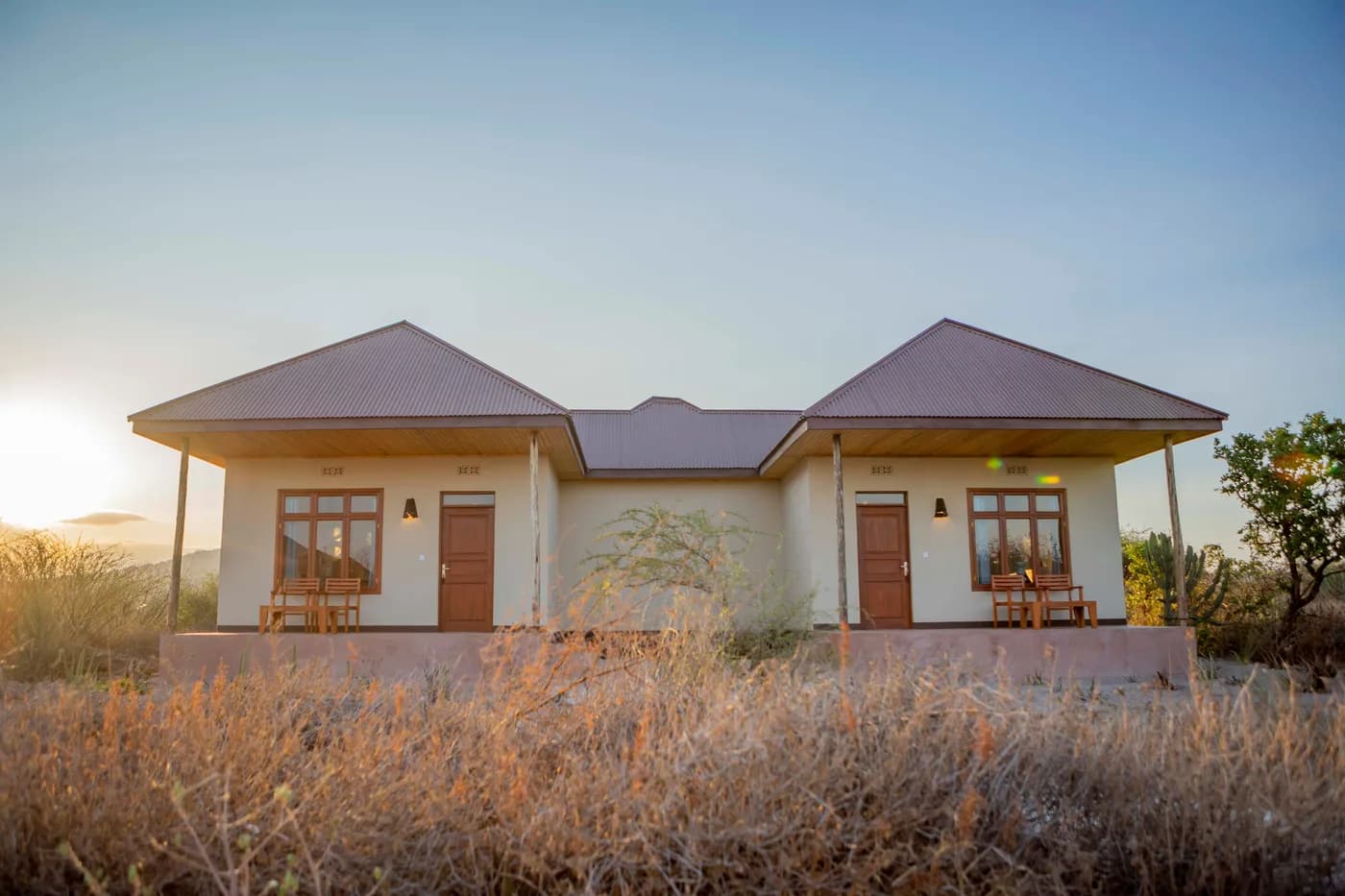 A double cottage at sunset
