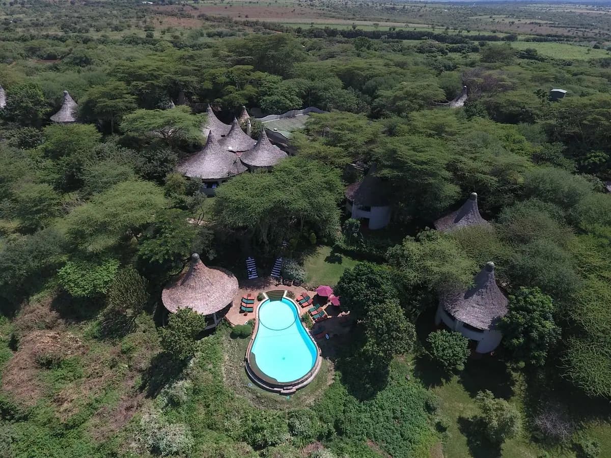 Aerial of the pool and rondavels