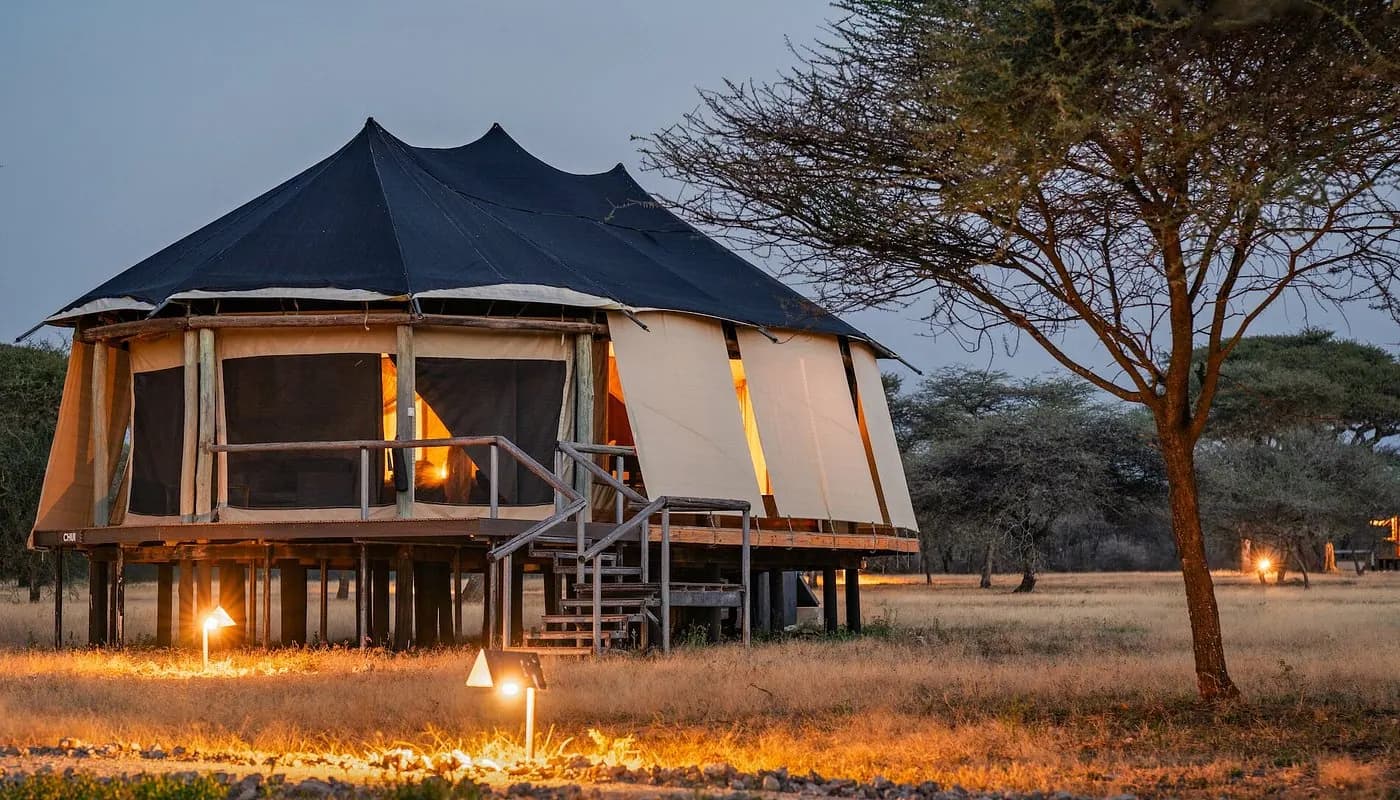 Guest tent lit at dusk