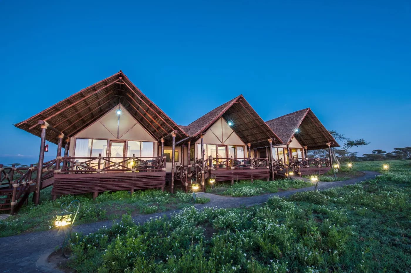 Chalets lit at dusk