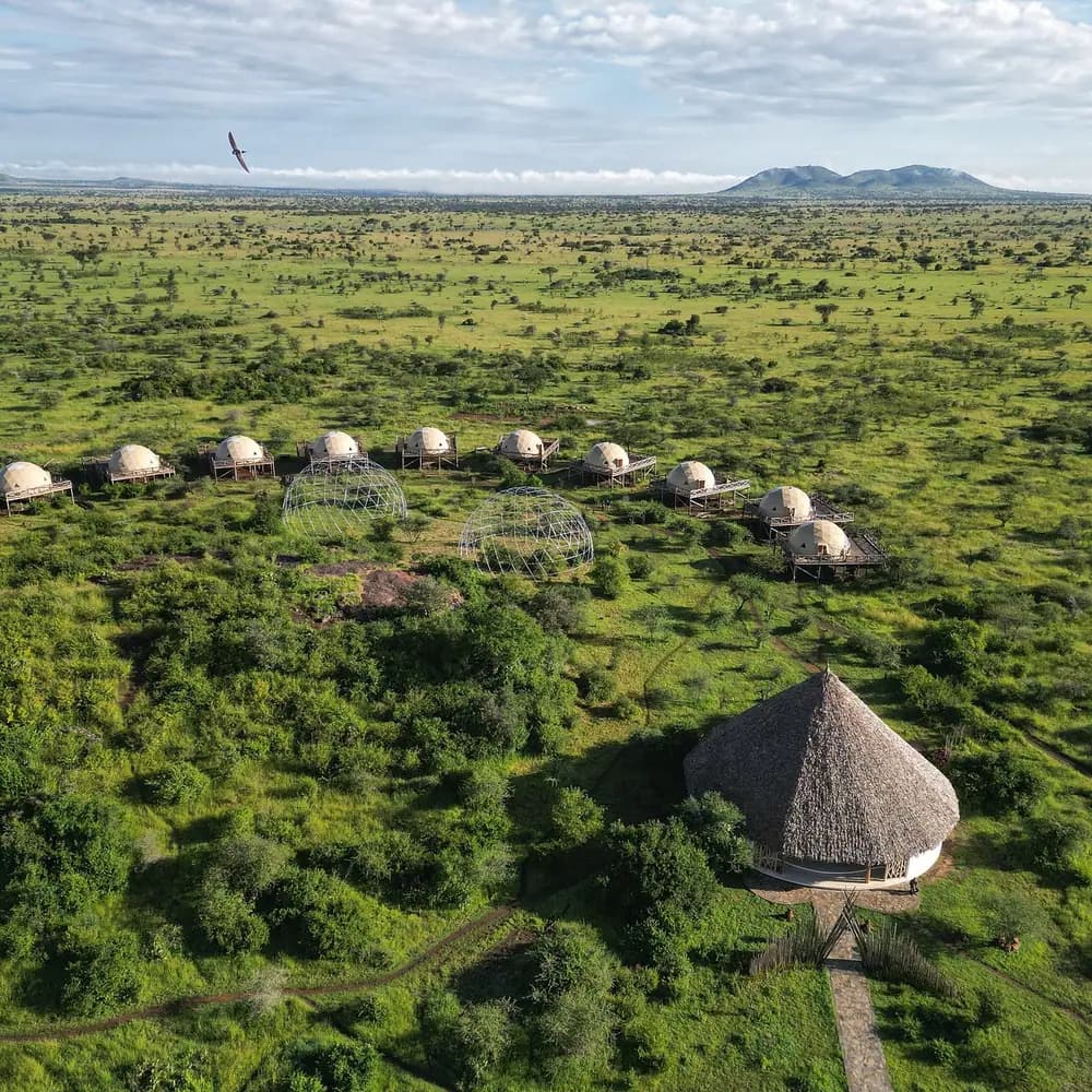 Aerial of the tents on the hillside