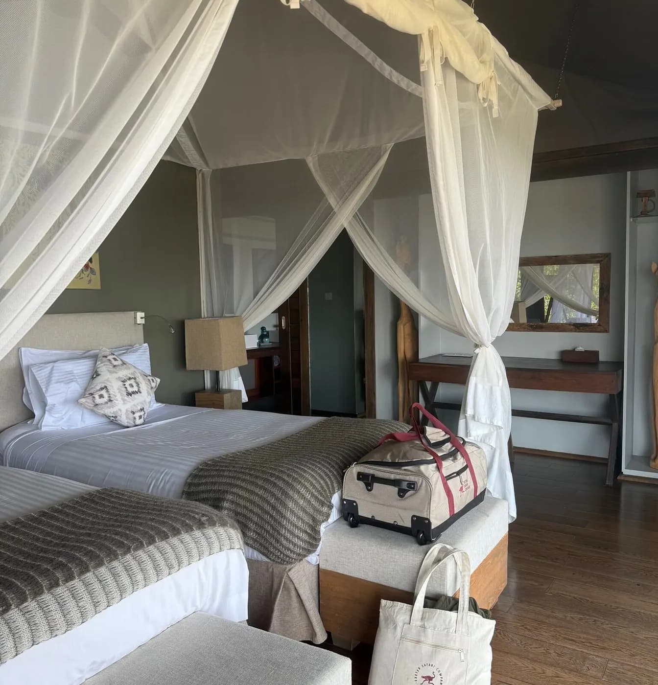 Bed under its net with bags arrived