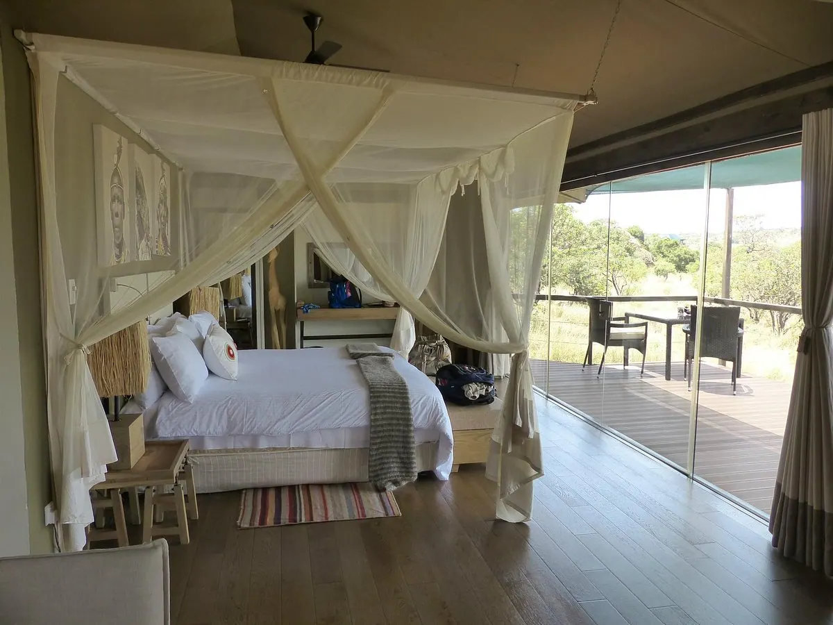 Bed under its net beside the deck