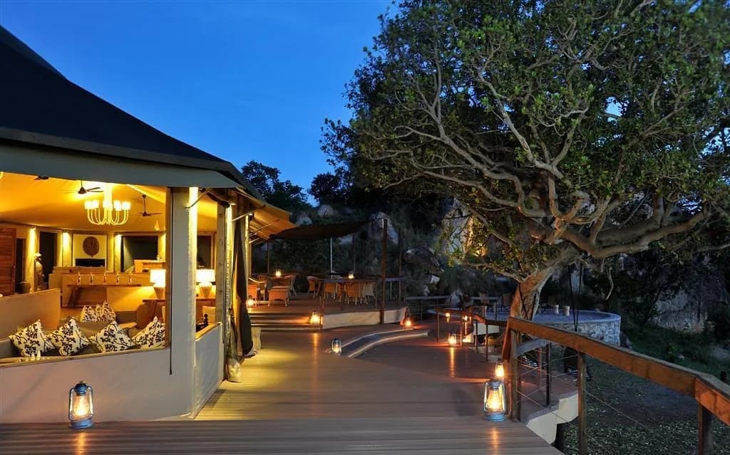 The walkway lit at dusk