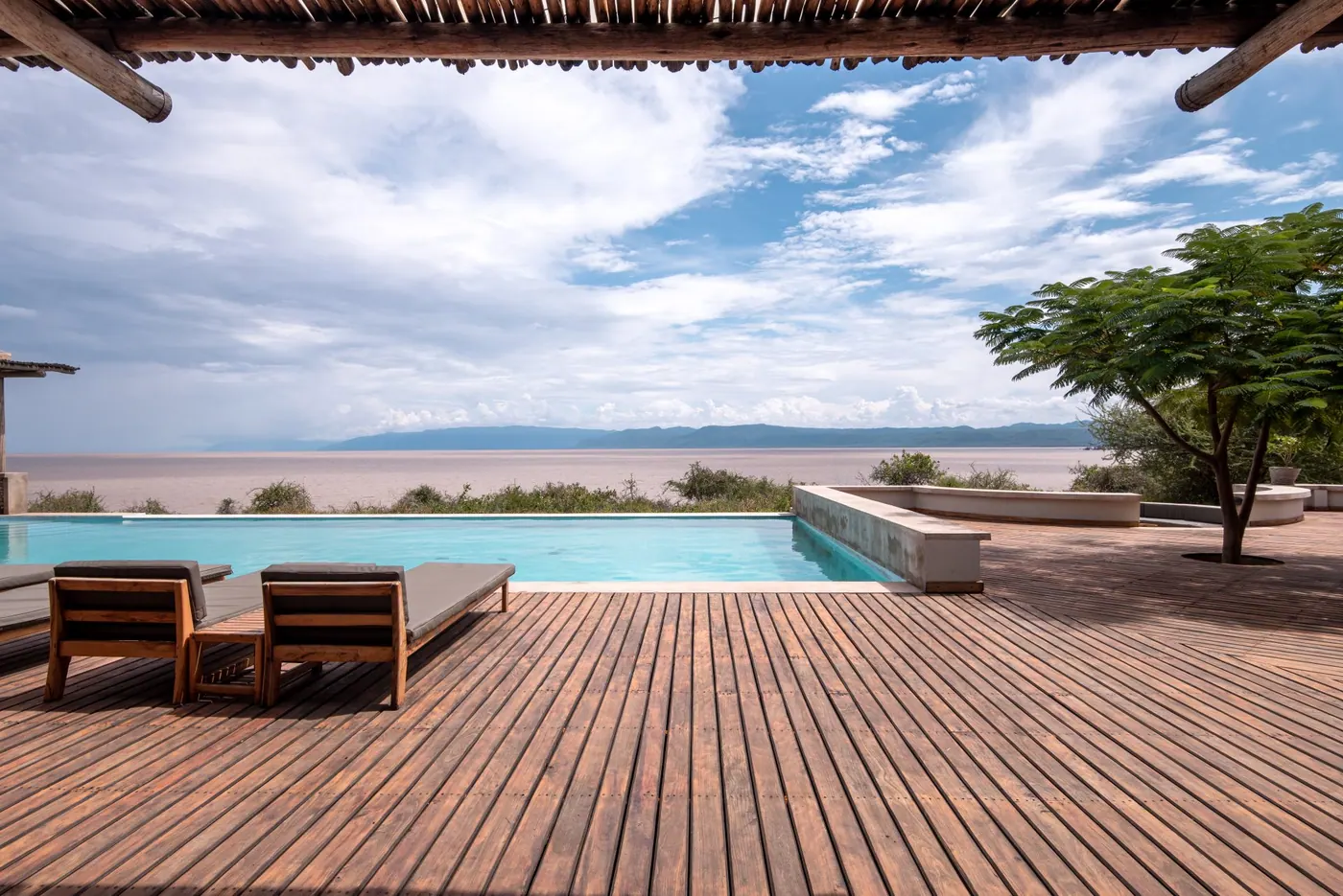 Pool deck under an open sky
