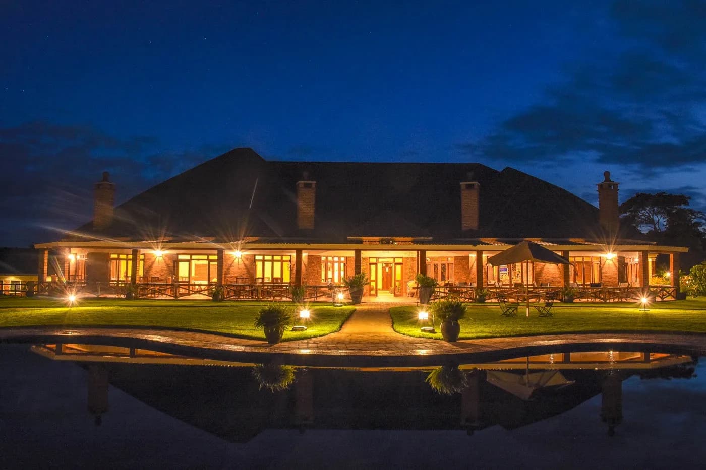 The main lodge lit up at night