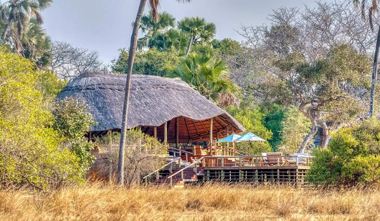 The thatched main area on its deck