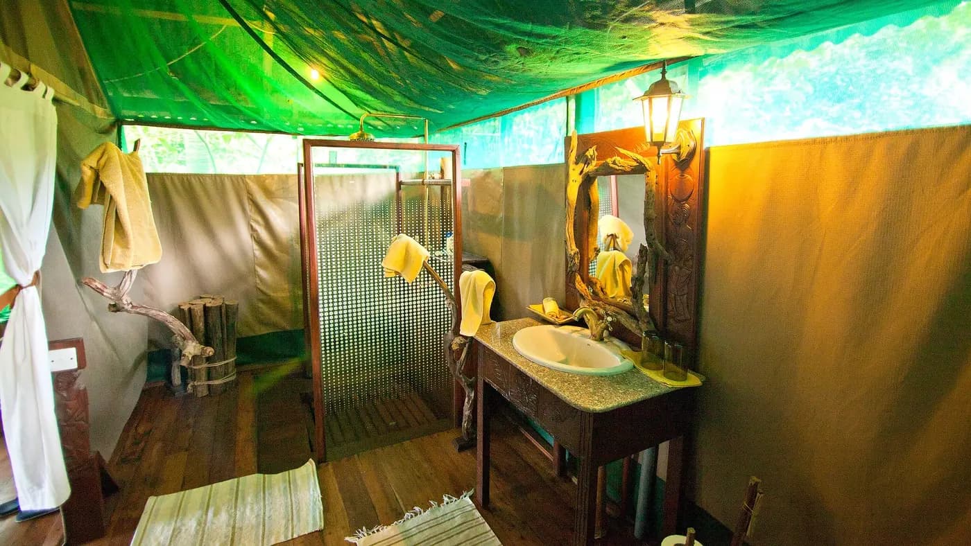 Bathroom with glass shower and basins