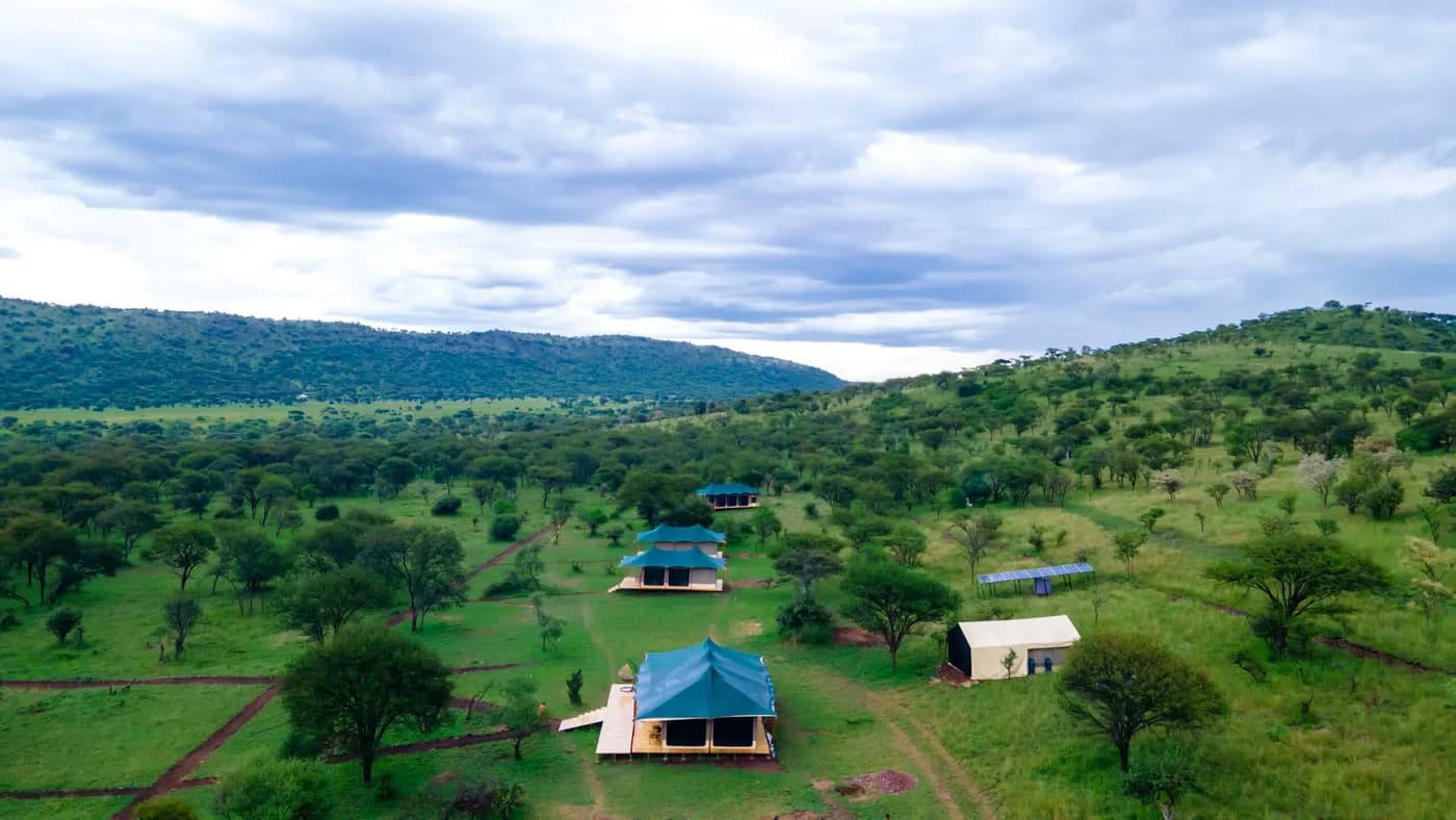 The camp below the hills from the air
