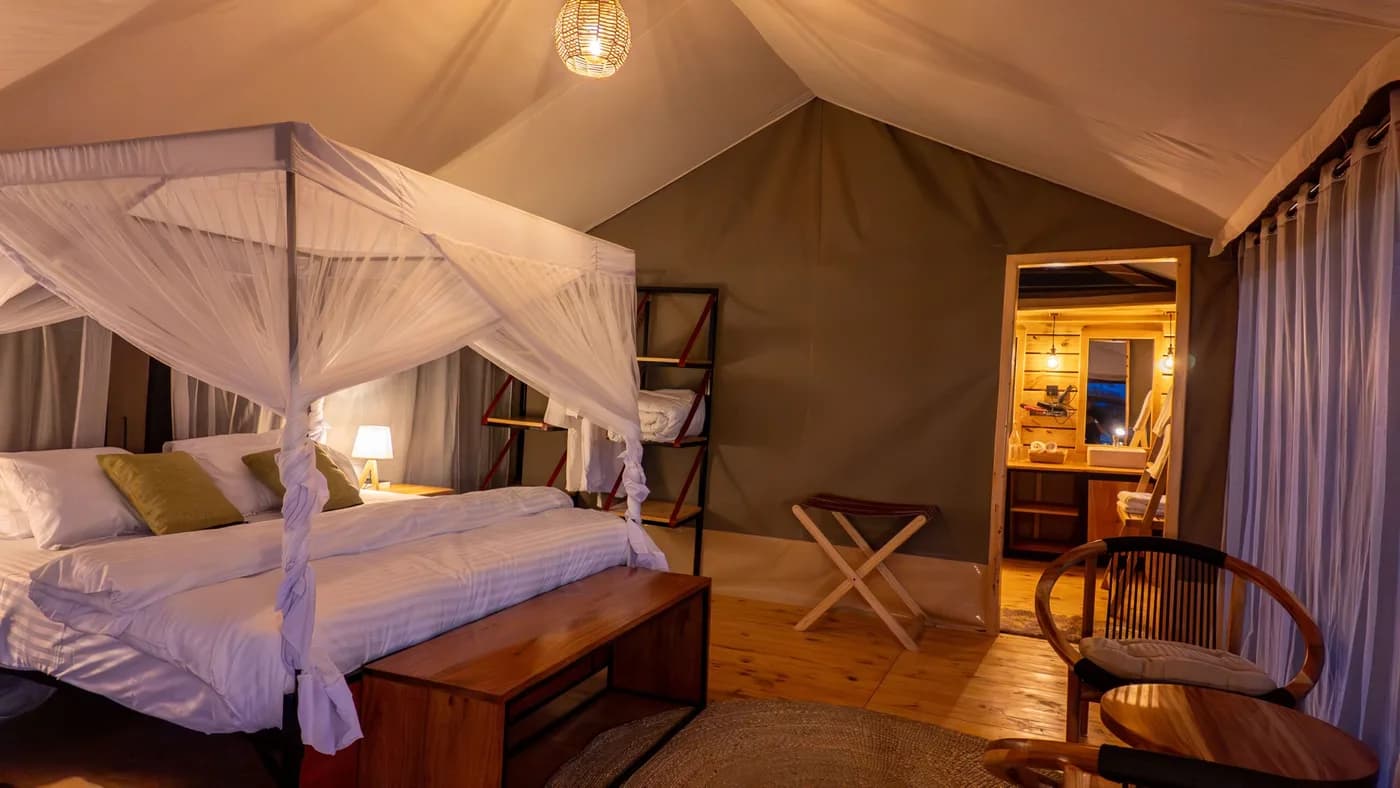 Tent with a canopied bed and dresser