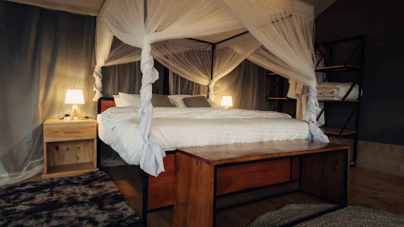 Bedside lamps in a guest tent