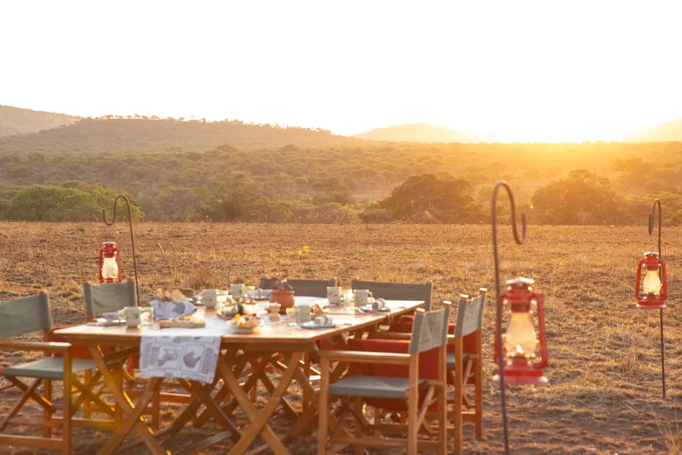 Long table laid at sunrise