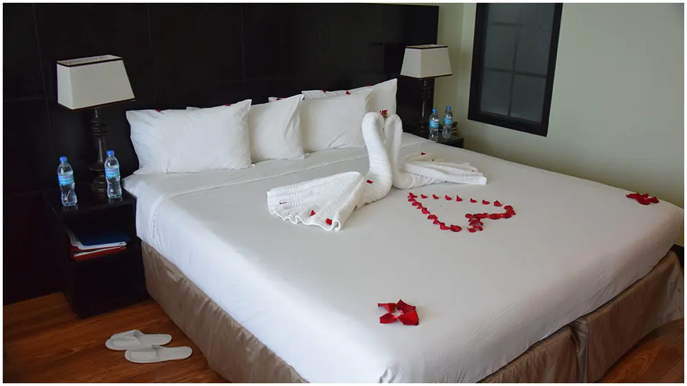 Bed dressed for a honeymoon