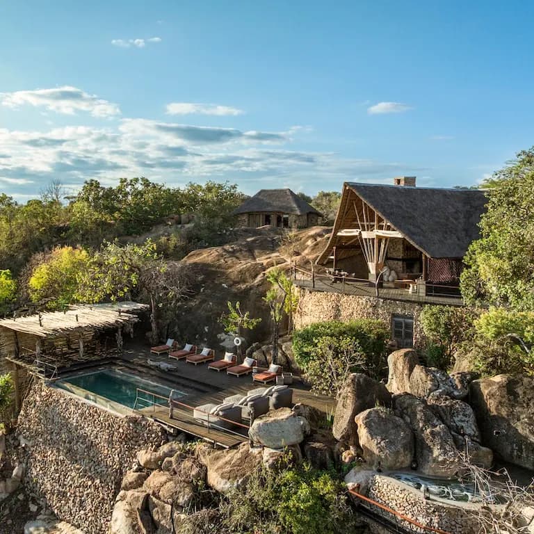 The lodge across the rocks