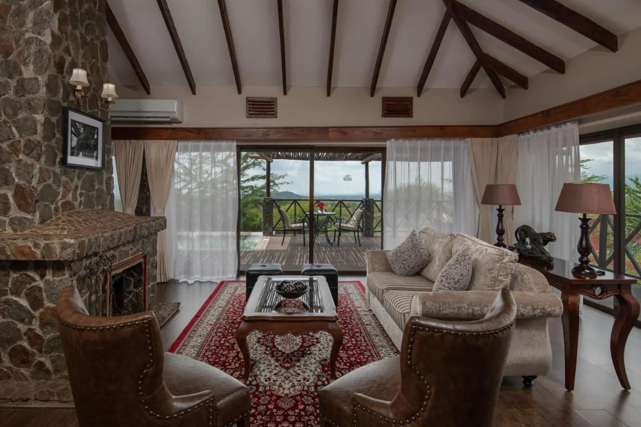 Suite lounge and fireplace