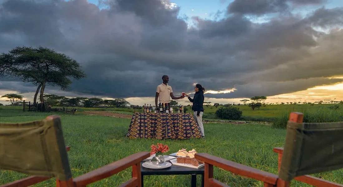 A table on the lawn at dusk