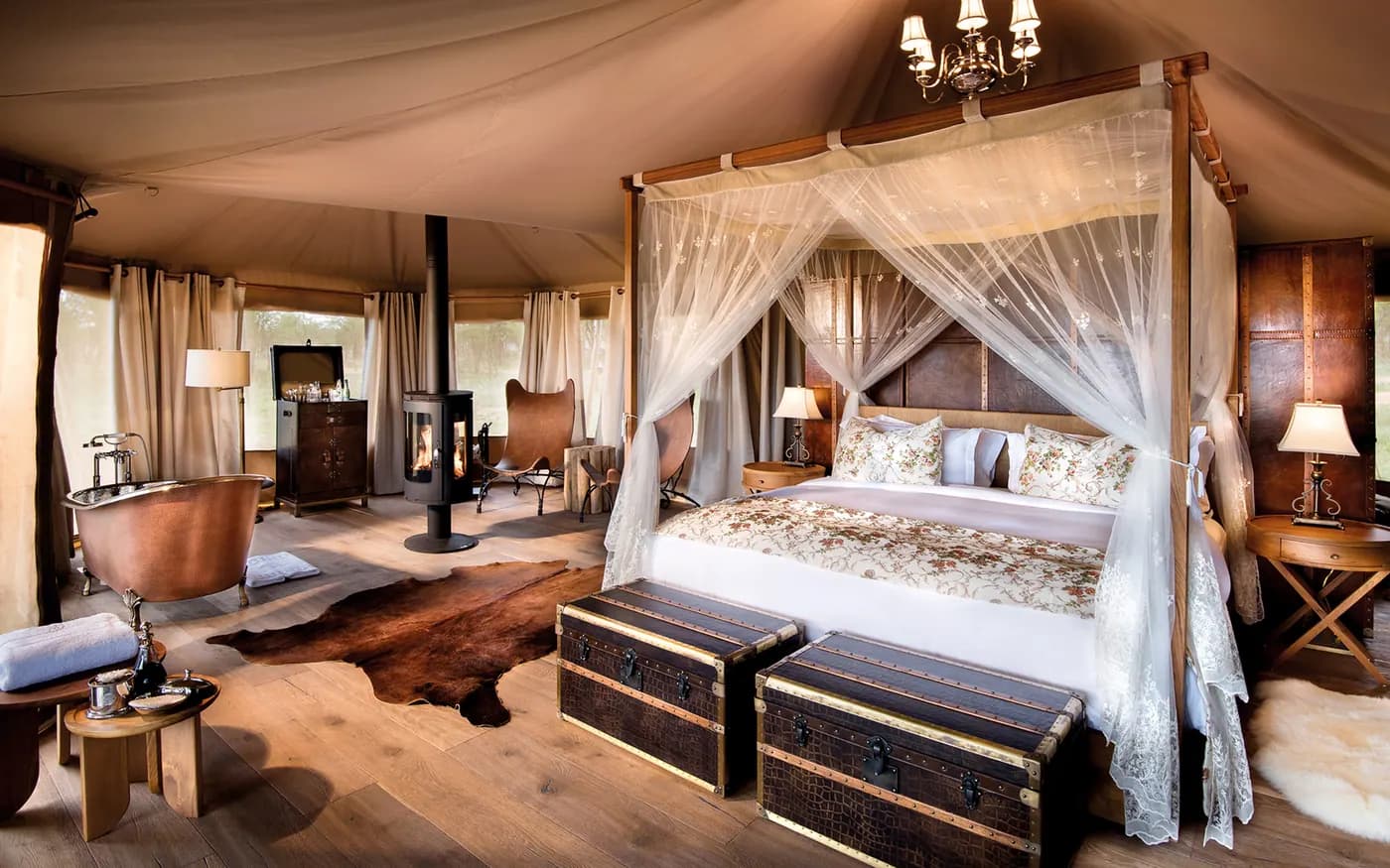 Canopied bed with a wood stove