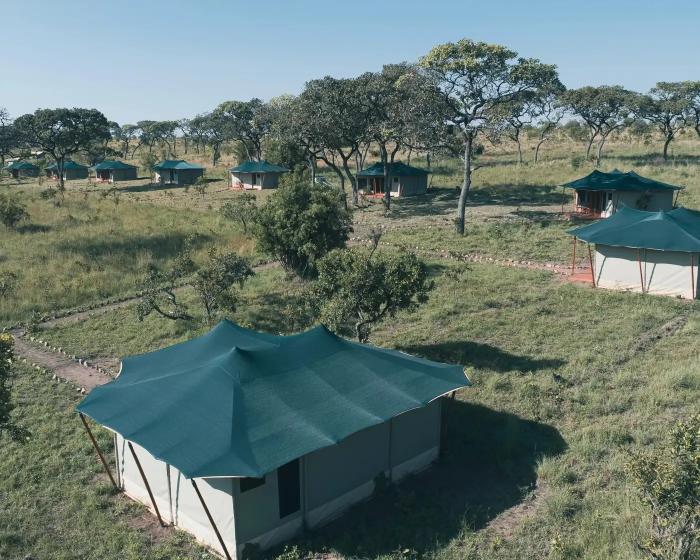 Tents spread across the plains from the air