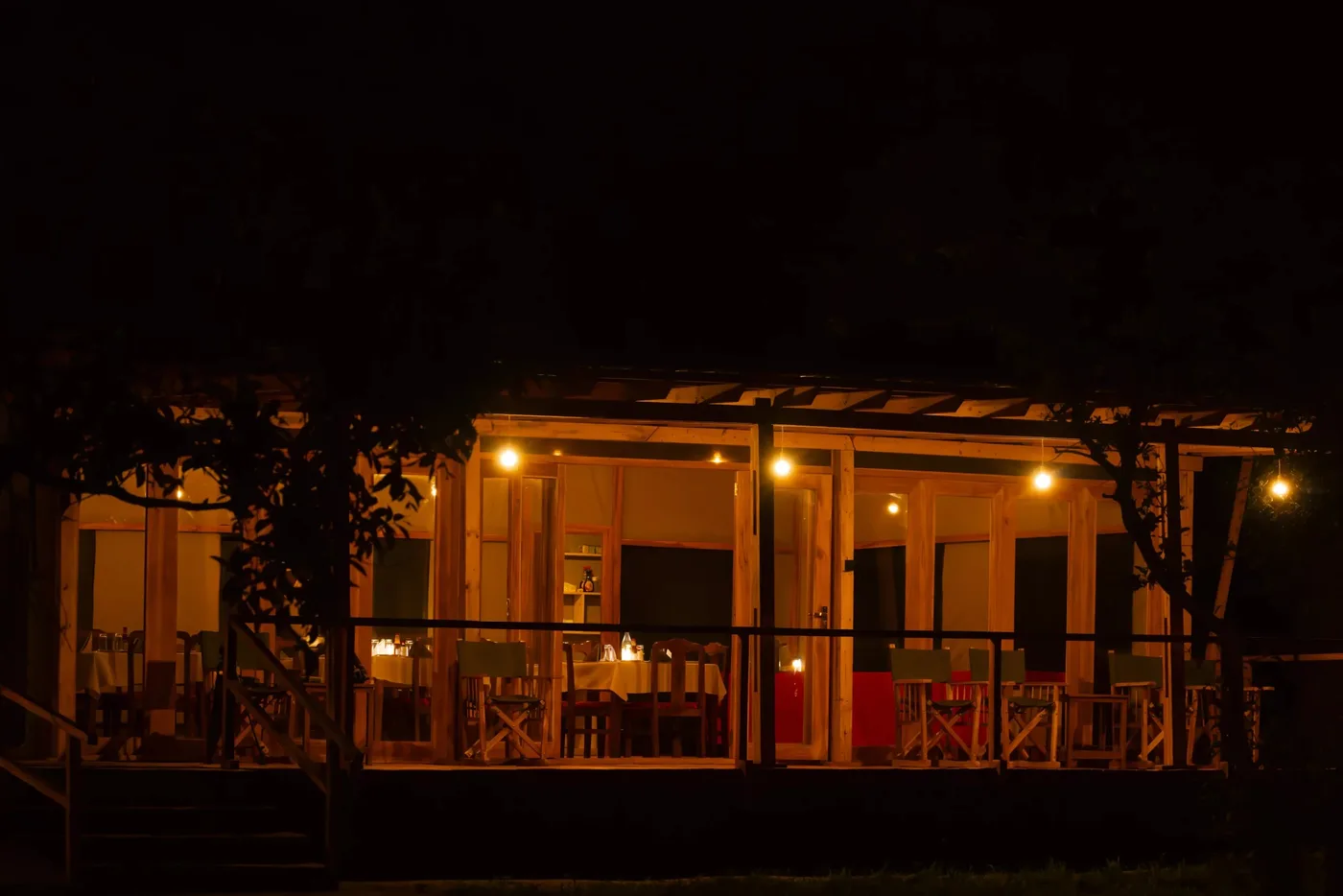 The main area lit at night