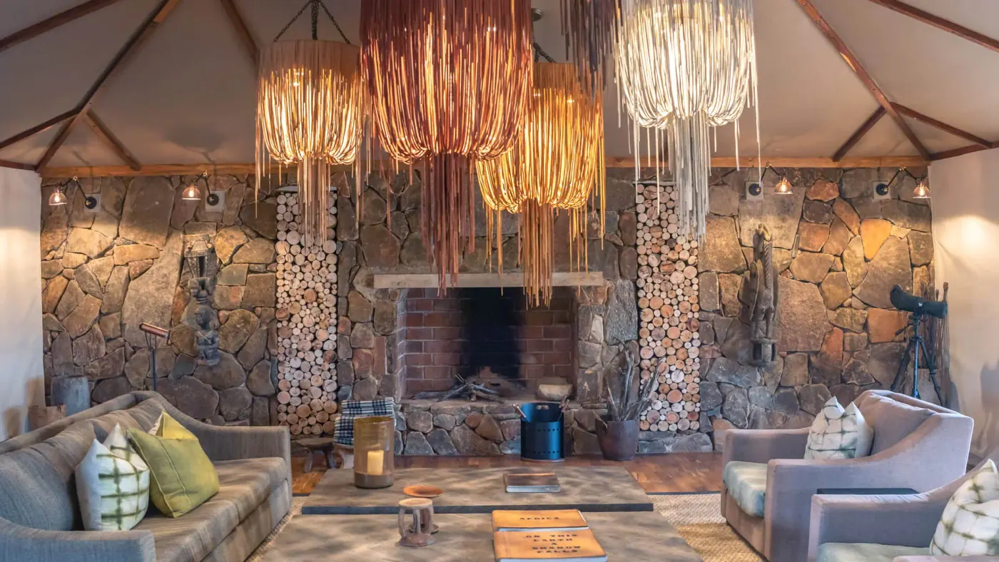 Fireplace under reed chandeliers