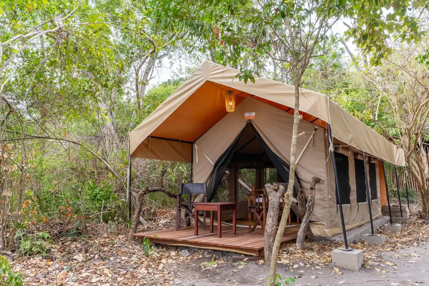Safari tent with a shaded deck