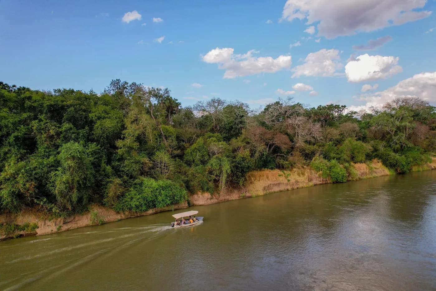 Boat heading downriver past the forested bank