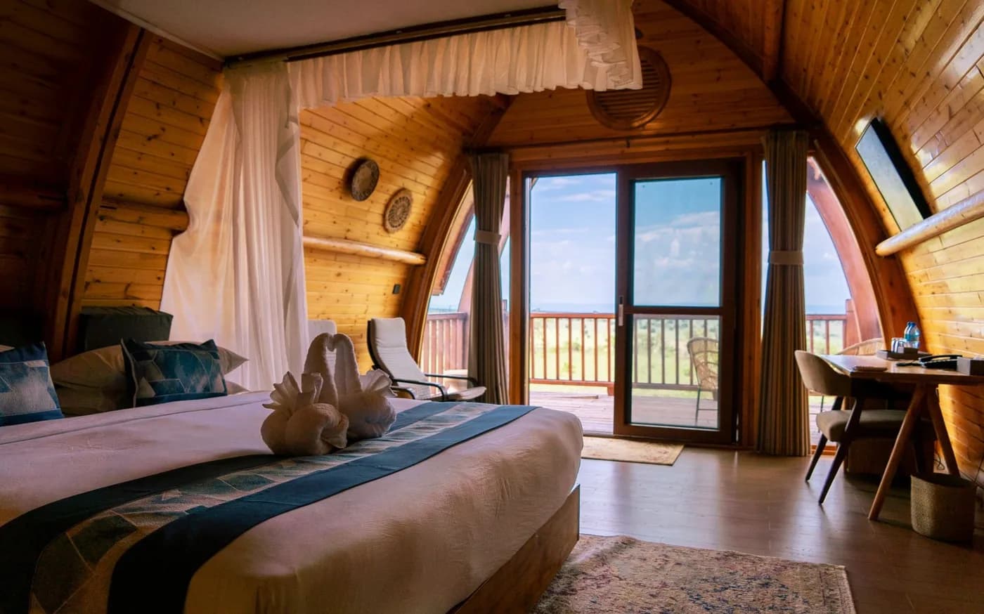Bed facing the balcony doors