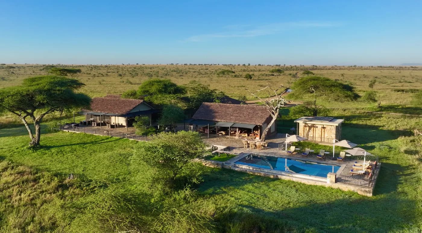 The lodge and pool from above