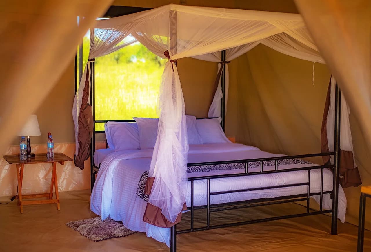 Double bed under a mosquito net