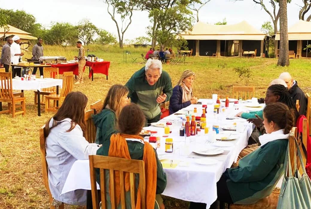 Lunch at a long table outside