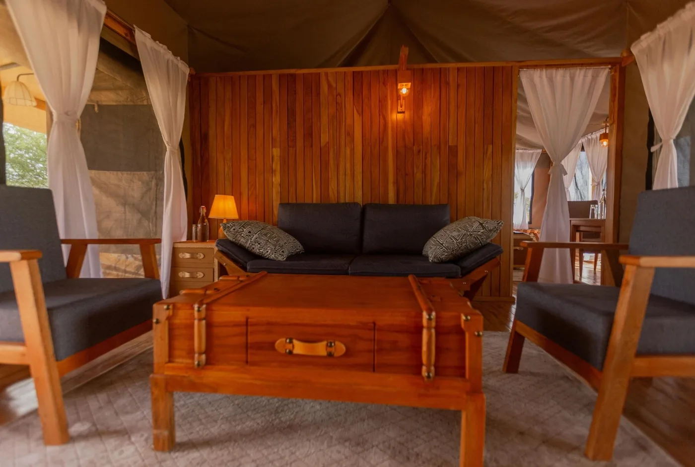 Sitting area inside a tent