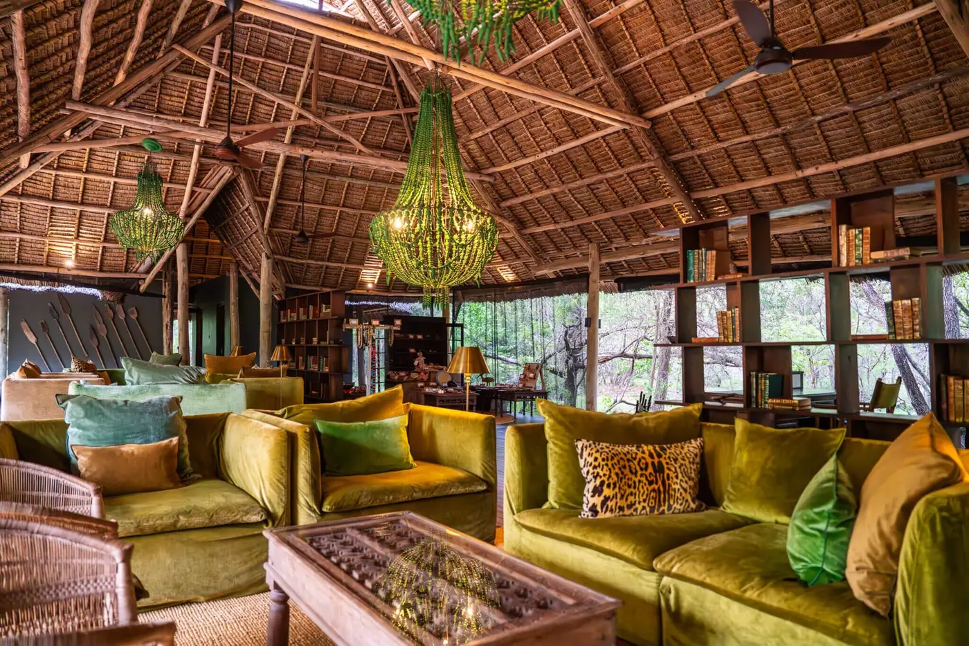 Lounge with green velvet seating