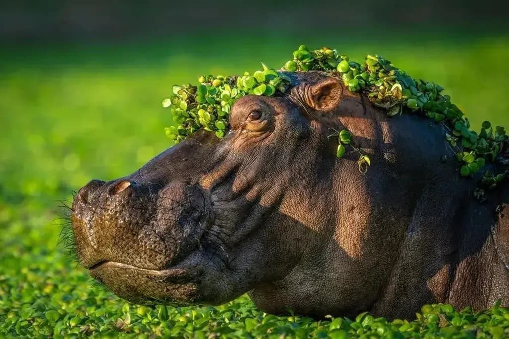 Hippo with water lettuce on its head