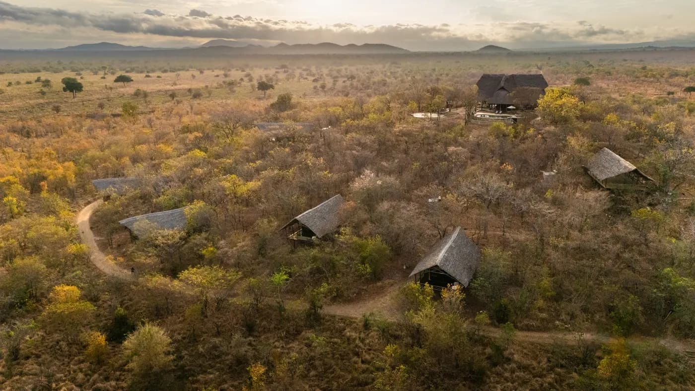 Aerial view of the tents around the kopje